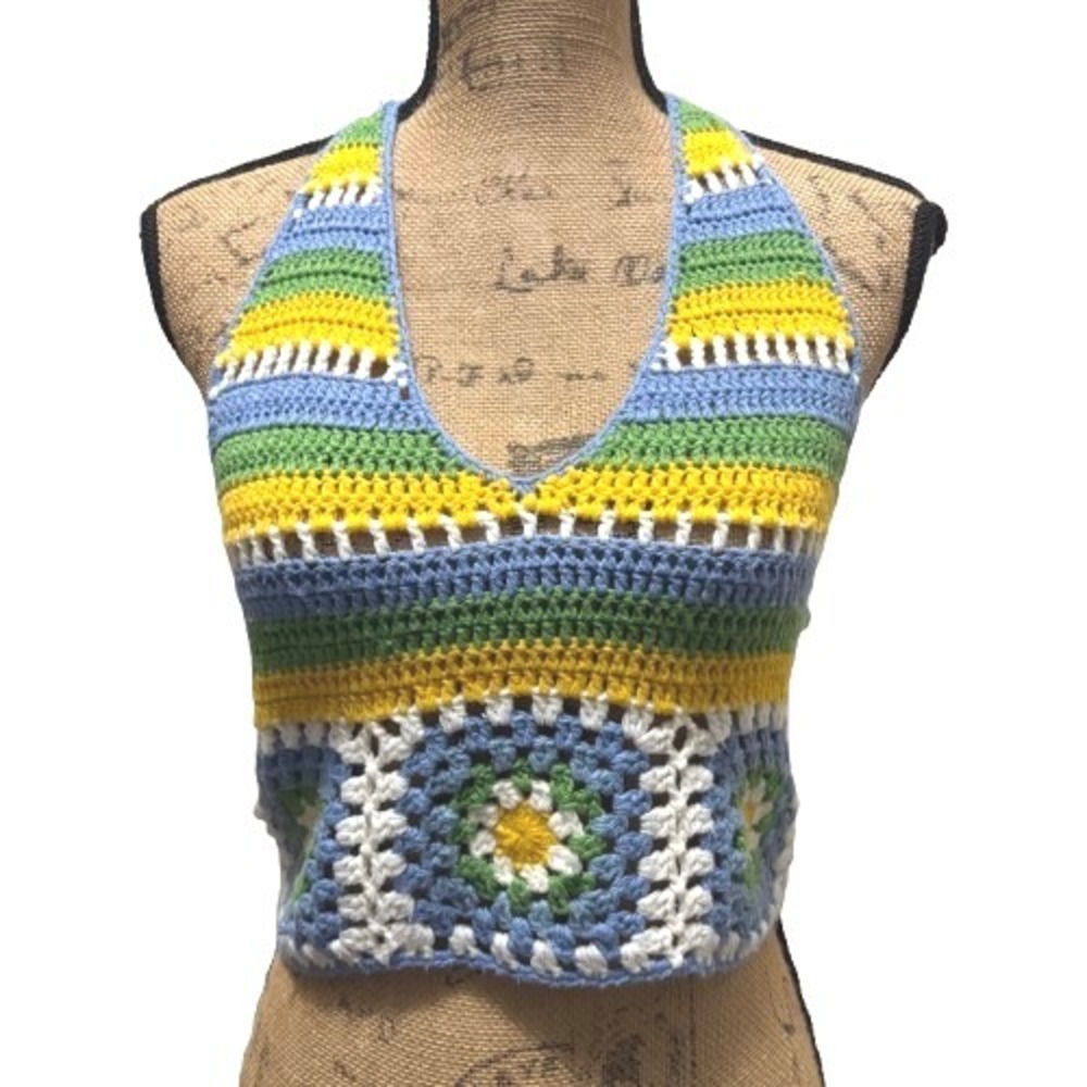 Pretty Garbage‎ Crochet Halter Top Striped Granny Square Crop Top Size Small